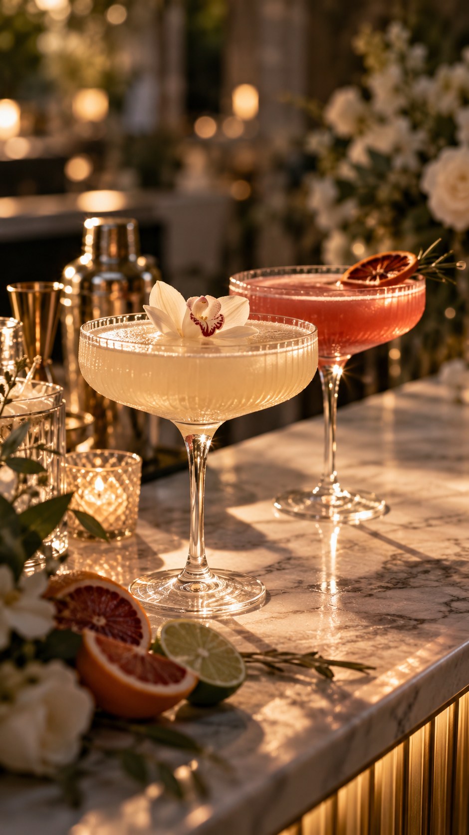 Two coupe cocktails — one ivory with an orchid, one blush with dried blood orange — on a marble bar at golden hour